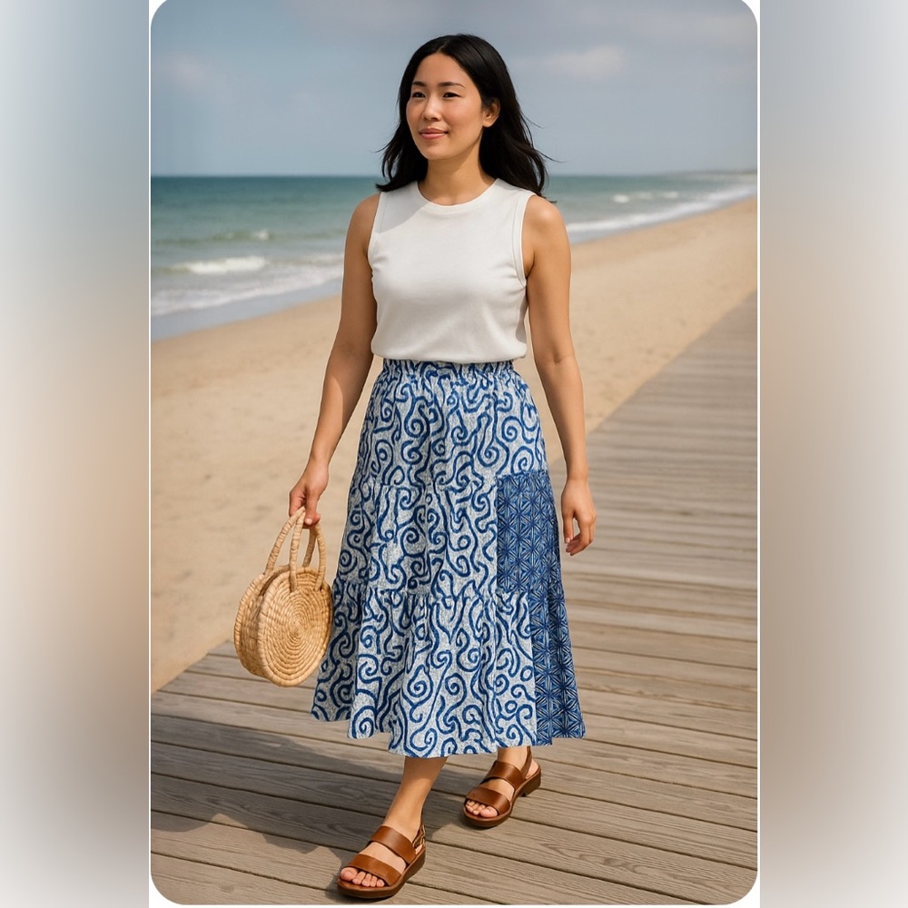 Batik Blue and White Tiered Full Midi Skirt - S/M